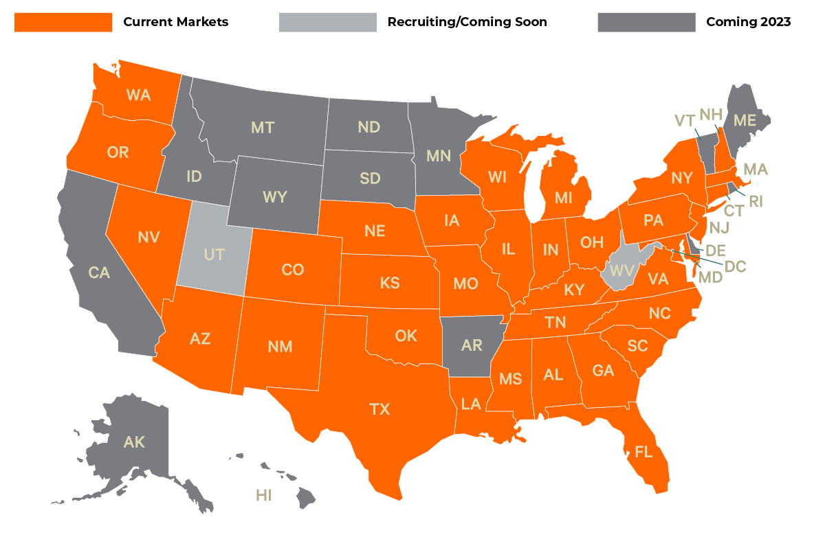 map showing KARE states colored in orange